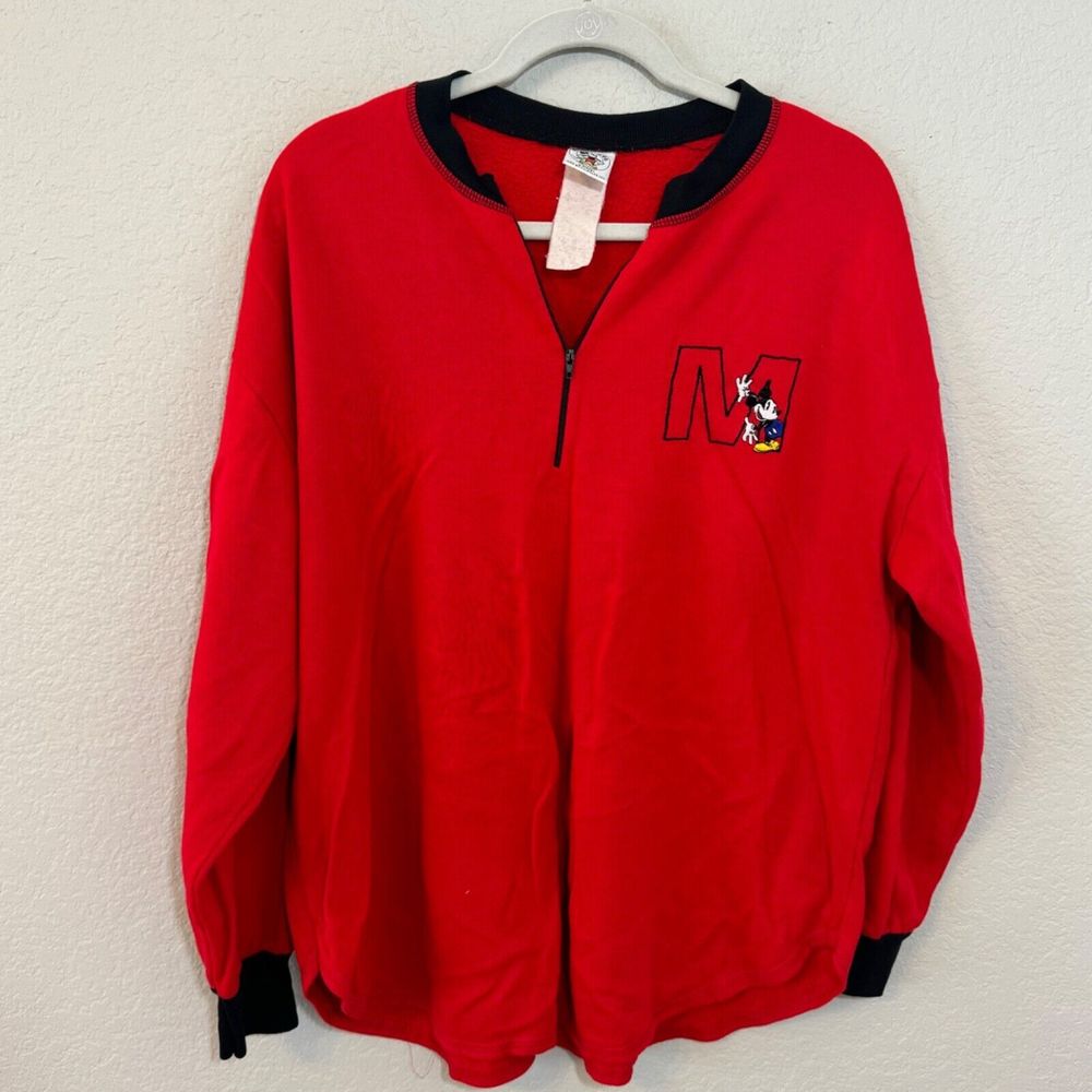 Vintage Disney Mickey‎ Mouse Crewneck Sweatshirt XL Red black Zipper Embroidered